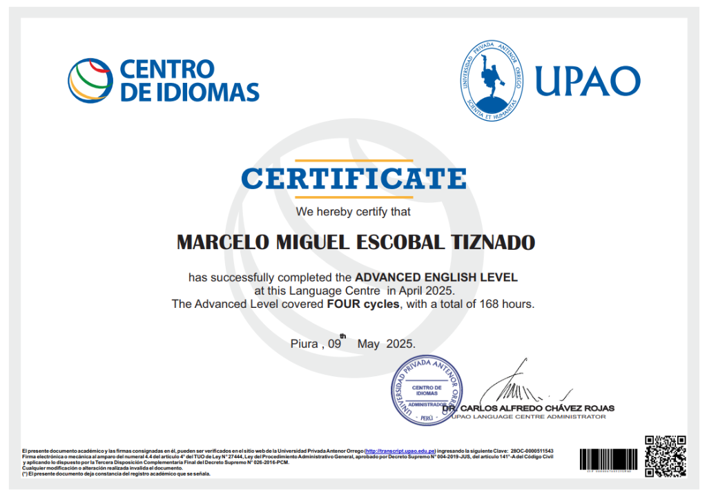 Certificado Advanced English Level