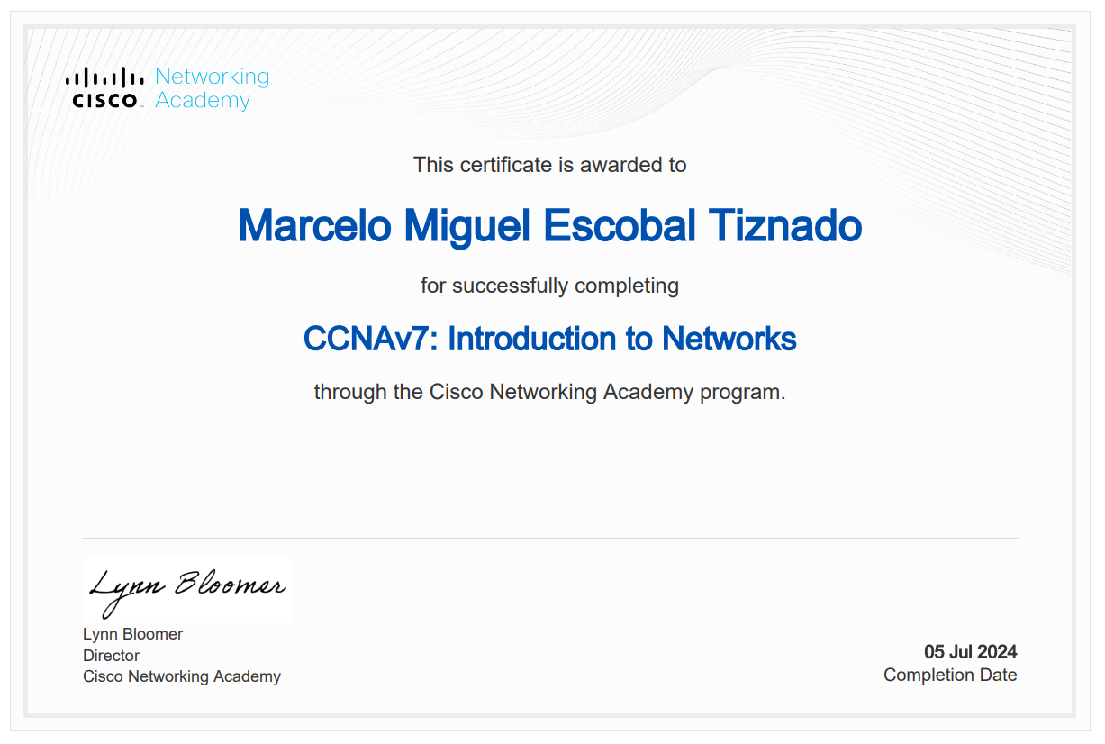 Certificado CCNA Introduction to Networks Cisco